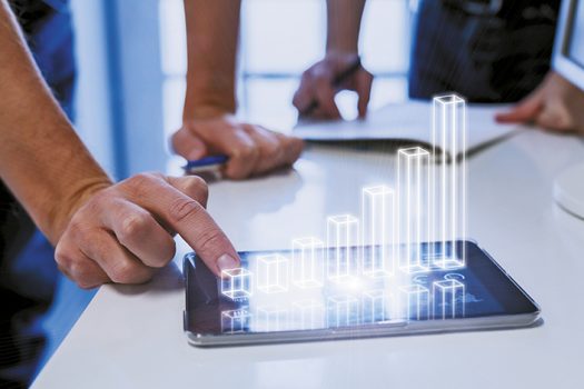  | Team analyzing 3D AR chart, tablet computer, growing chart, inve